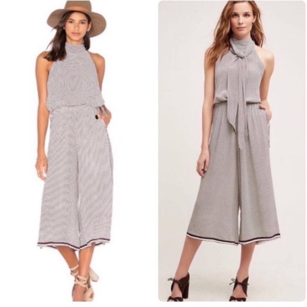 Faithful The Brand Emery Jumpsuit White Brown Cropped Wide Leg Dimond Tie Neck M